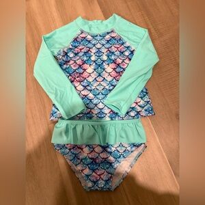 Mint & Multicolor Mermaid-Print Girls' Rashguard Swim Set